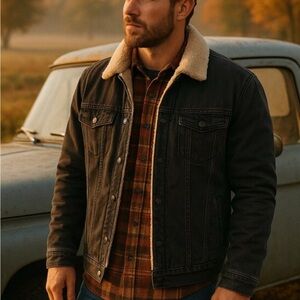 Faherty Timberline Trucker Fleece-Lined Jacket in Black wash Denim, Mens Large